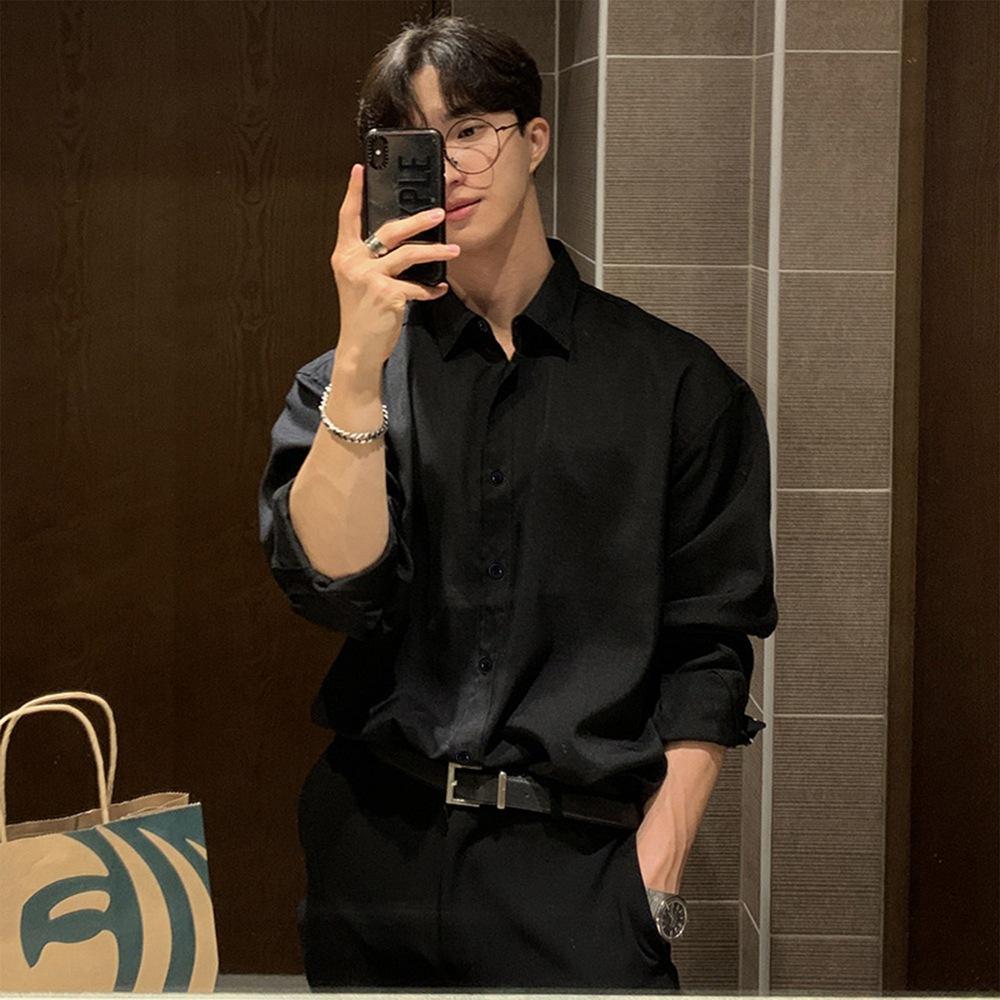 Black Long-Sleeve Shirt for Men with a High-End Feel, Stylish and Trendy for Spring and Autumn, Mature Casual Top with Dk Drape Inner Shirt