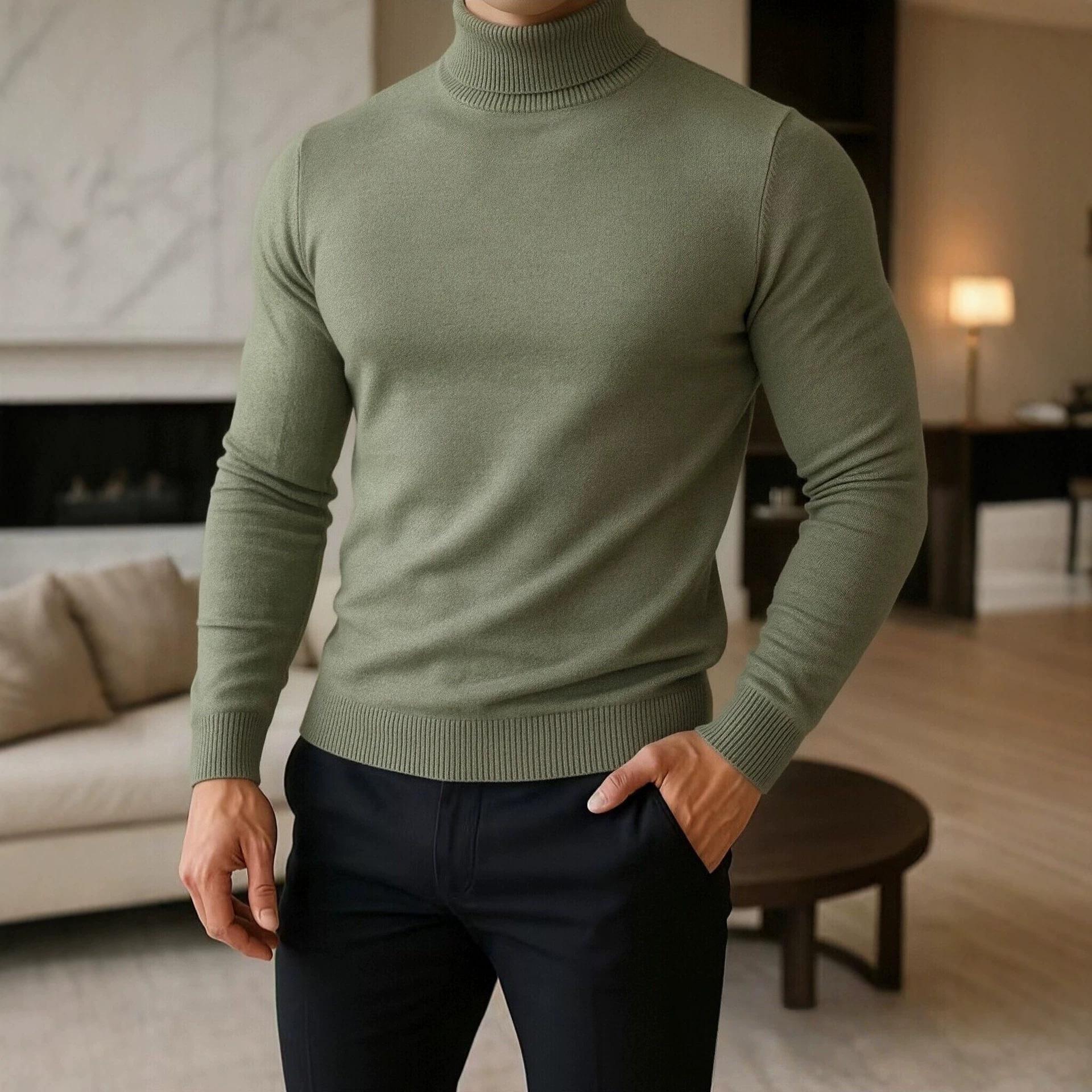Men's Casual Ribbed Turtleneck Knit Sweater, Solid Color, Soft Long-Sleeve Pullover, Can Be Worn as a Base Layer or Alone, Trendy