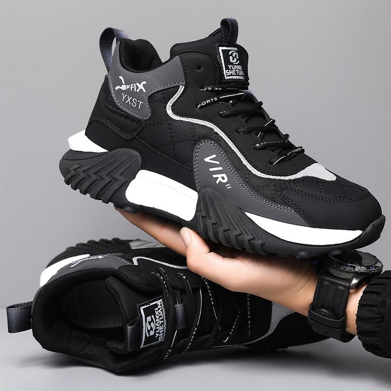 Men's Shoes for Autumn and Winter, High-Top, Soft-Soled, Non-Slip, Fleece-Lined Sports Shoes, Thick-Soled, Lightweight, Casual Running Shoes, Trendy Men's Shoes, Putian Shoes