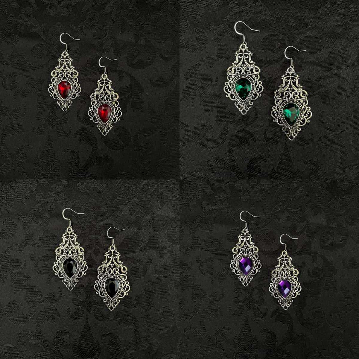 Dark Ruby Red Stone Gothic Victorian Celtic Filigree Scroll Earrings Bridal Wedding Antique Silver Manufacturer