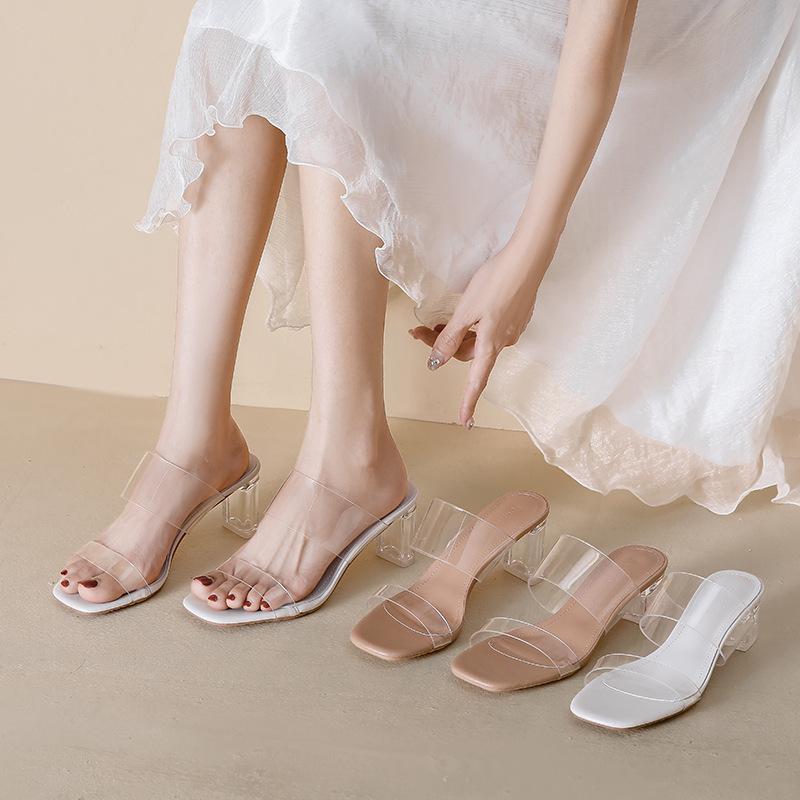 2025 New Genuine Leather Sheepskin Slide Sandals with Transparent High Heels Women's Thick Heel Crystal Heel Sandals