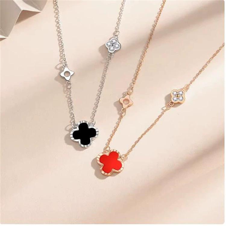New Four-Leaf Clover Necklace for Women, Korean Style, Ins-Style Imitation Agate Collarbone Chain, Fashionable and Versatile, Diamond-Encrusted Zircon Pendant