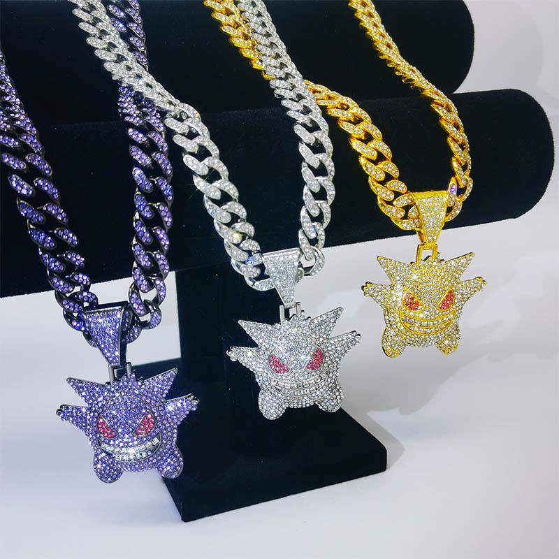 Cross-Border Trendy Cuban Chain Pendant Gengar Chain Cartoon Style Gold and Silver Metal Hip-Hop Necklace Pendant