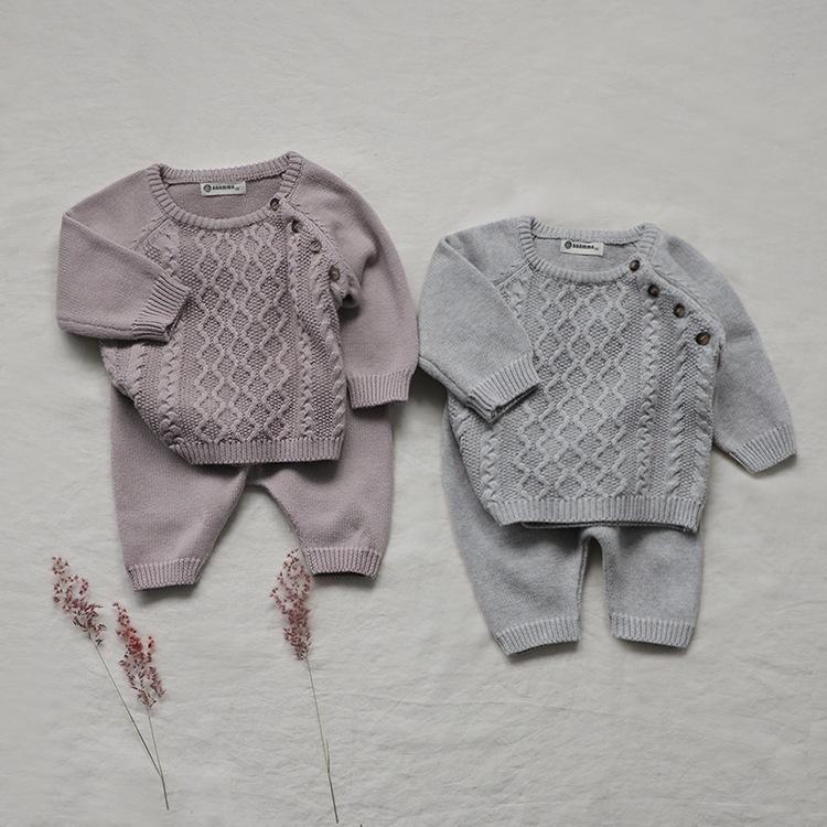 Autumn and winter baby sweater and big-bottom pants knitted set, infant baby knitted sweater with diagonal shoulder buckle