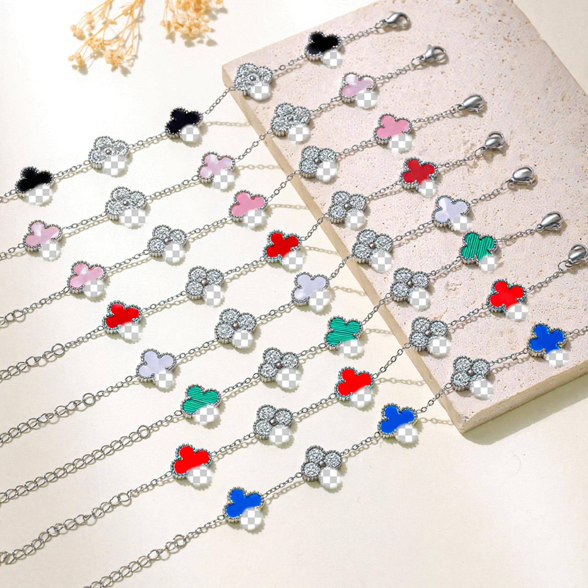 Cross-Border Hot-Selling Diamond-Encrusted Titanium Steel Bracelet, Four-Leaf Clover, Stainless Steel, Light Luxury, Fashionable European and American Popular Jewelry