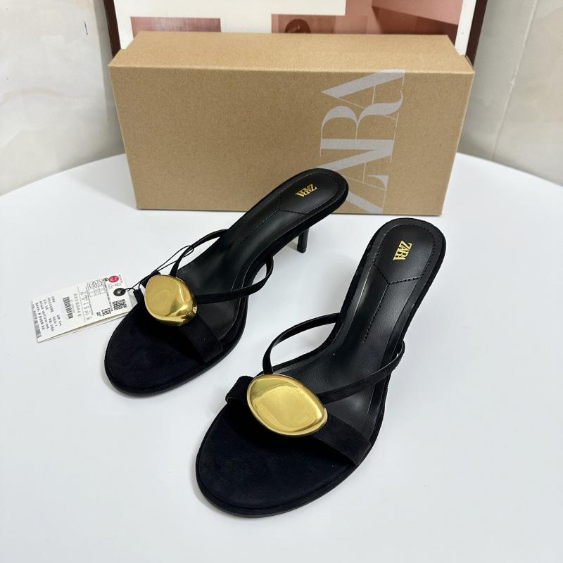 Za Summer New Product 2025 High-Heeled Women's Shoes Round Toe with Metal Buckle Fashion Hollow Back Thin Strap Sandals for Women