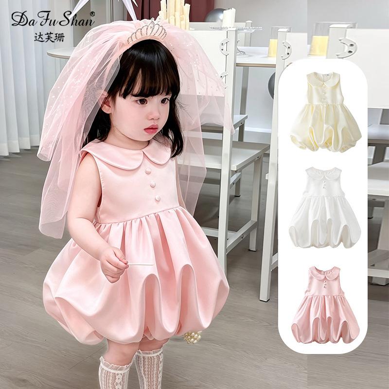 2025 New Pink Doll Collar Princess Dress for Baby Girls, Summer One-Year-Old Party Dress, Stylish Korean Version Children's Dress