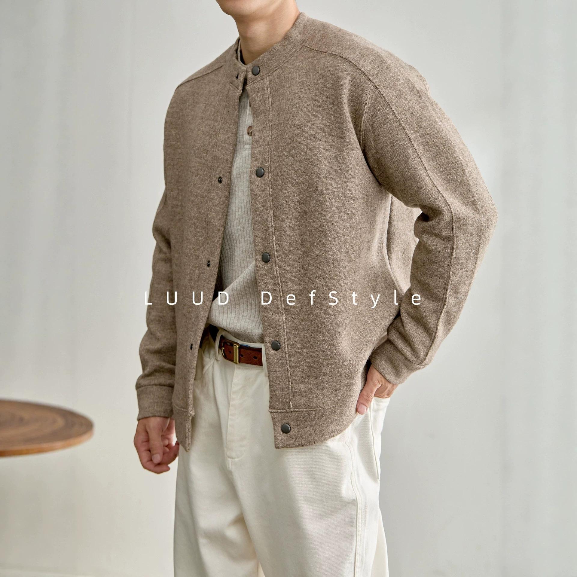 LUUD Men's Baseball Collar Textured Blend Yarn Knit Cardigan Solid Color Light Business Casual Jacket