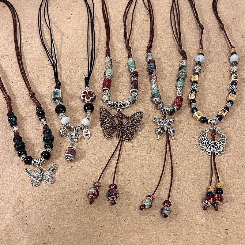 Ceramic Necklace, New Chinese Style, Ethnic Style, Retro Butterfly Beaded Pendant, Clavicle, High-End, Niche, Versatile Gift
