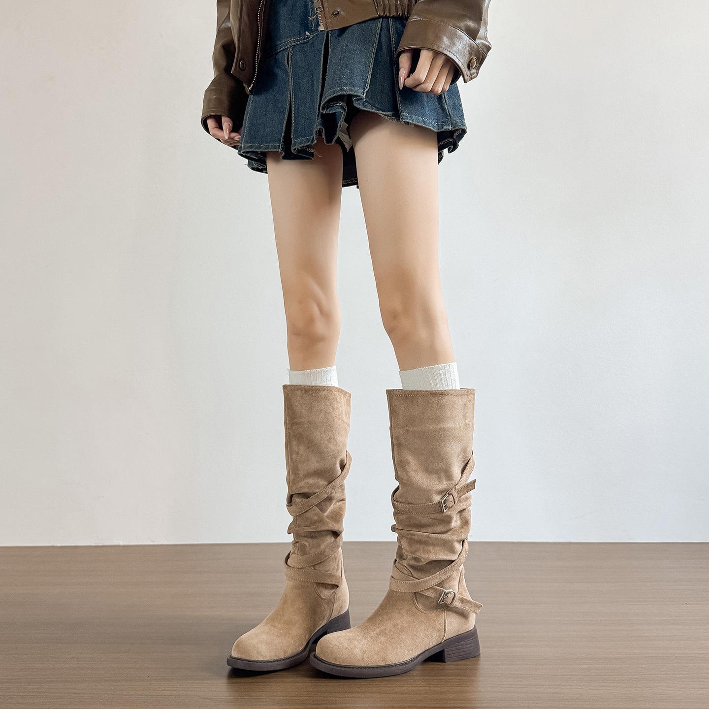 Round-Toe Vintage Suede Long Boots Martin Boots High-Heeled Boots for Women 2025 Autumn and Winter Chunky Heel French Style