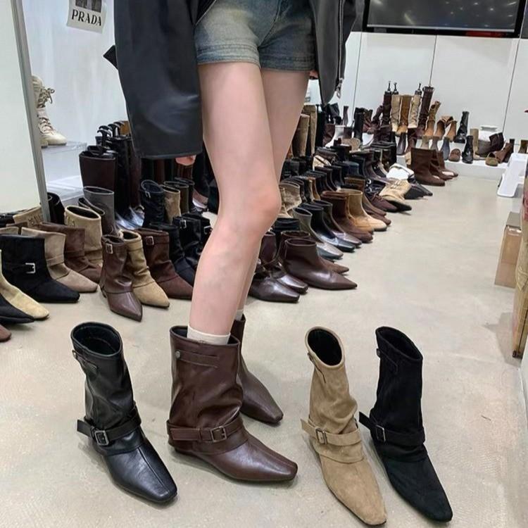 Vintage Suede Khaki Short Boots for Women, French Style Boots, Autumn Niche Design Western Slouch Boots, Riding Boots