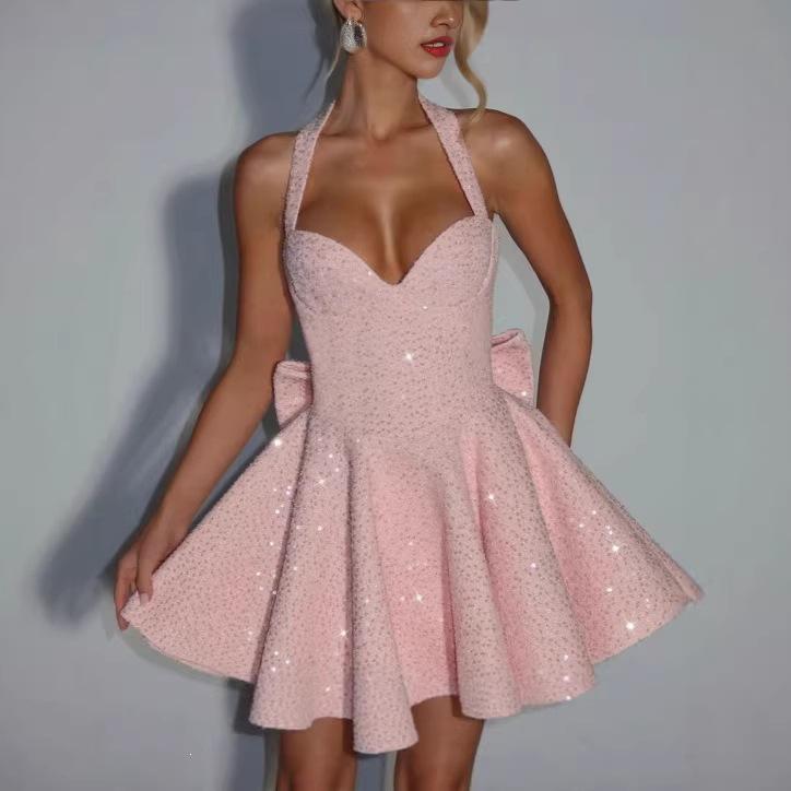 Elegant European and American Style Large Bow Party Evening Dress for Women, New Cross-Border Halter Neck Square Neck Sleeveless Dress Wholesale