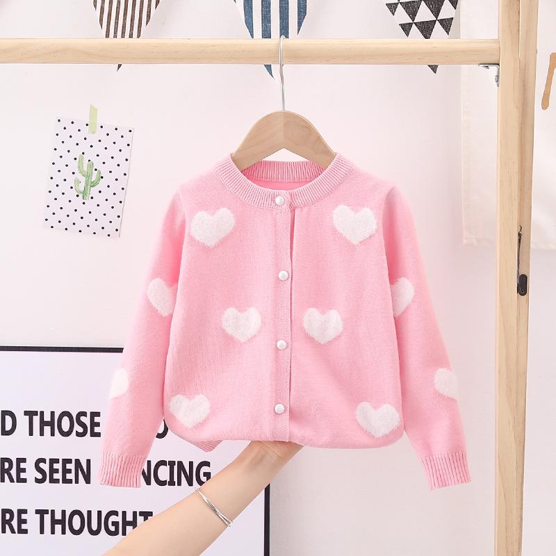 Manufacturer Wholesale Children's Clothing Girls' Knitted Cardigan 26 Spring and Autumn New Style Baby Mink Heart Jacquard Core-Spun Yarn Sweater