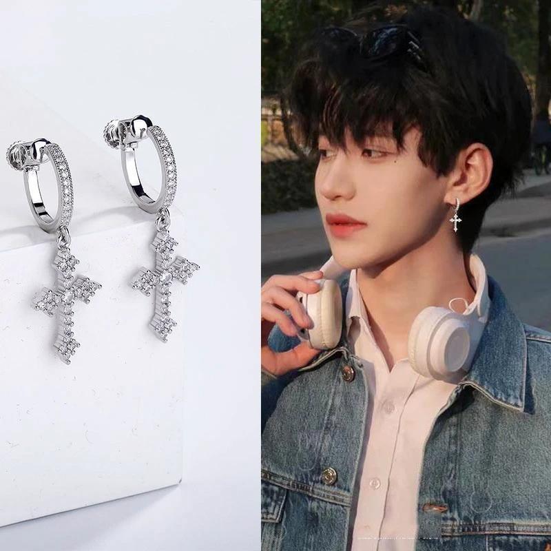 Full Diamond Cross Screw Ear Clip Men's Trendy High-End Zircon Ear Buckle European and American Creative Hip-Hop Style Handsome Earrings