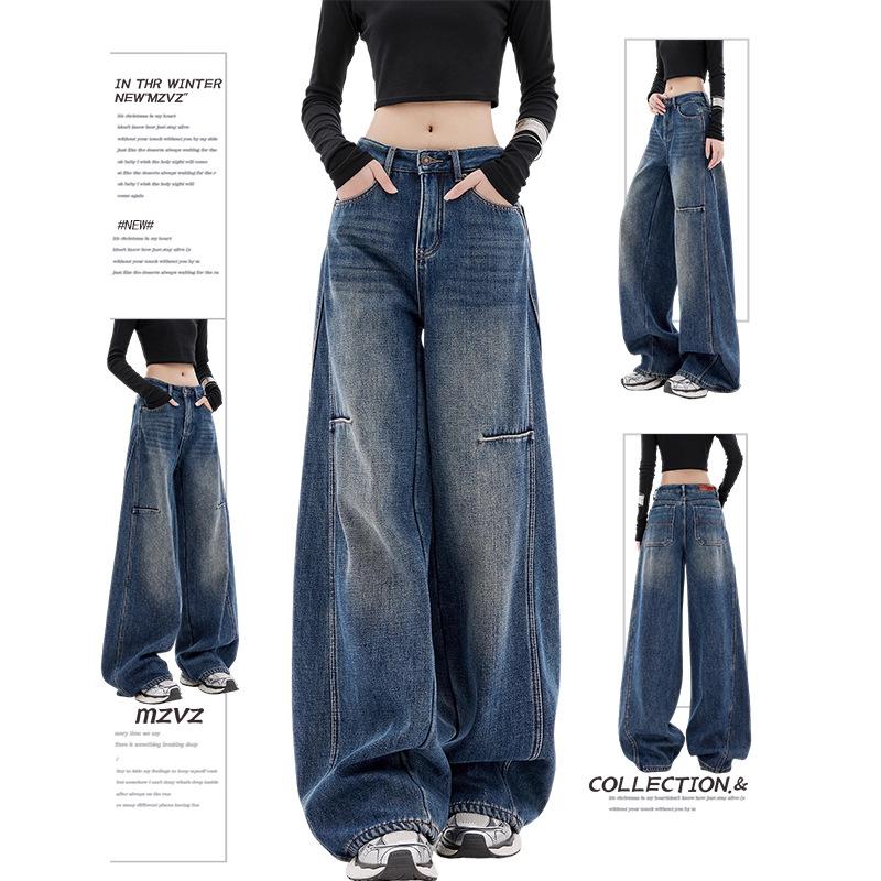 American Retro Blue Scimitar Jeans for Women Summer 2025 New Sickle Loose Floor-Length Wide-Leg Pants