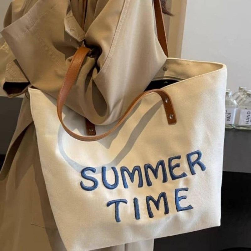 Embroidered Letter Canvas Bag for Women 2025 New Large-Capacity Commuter Tote Bag Versatile One-Shoulder Student Casual Class