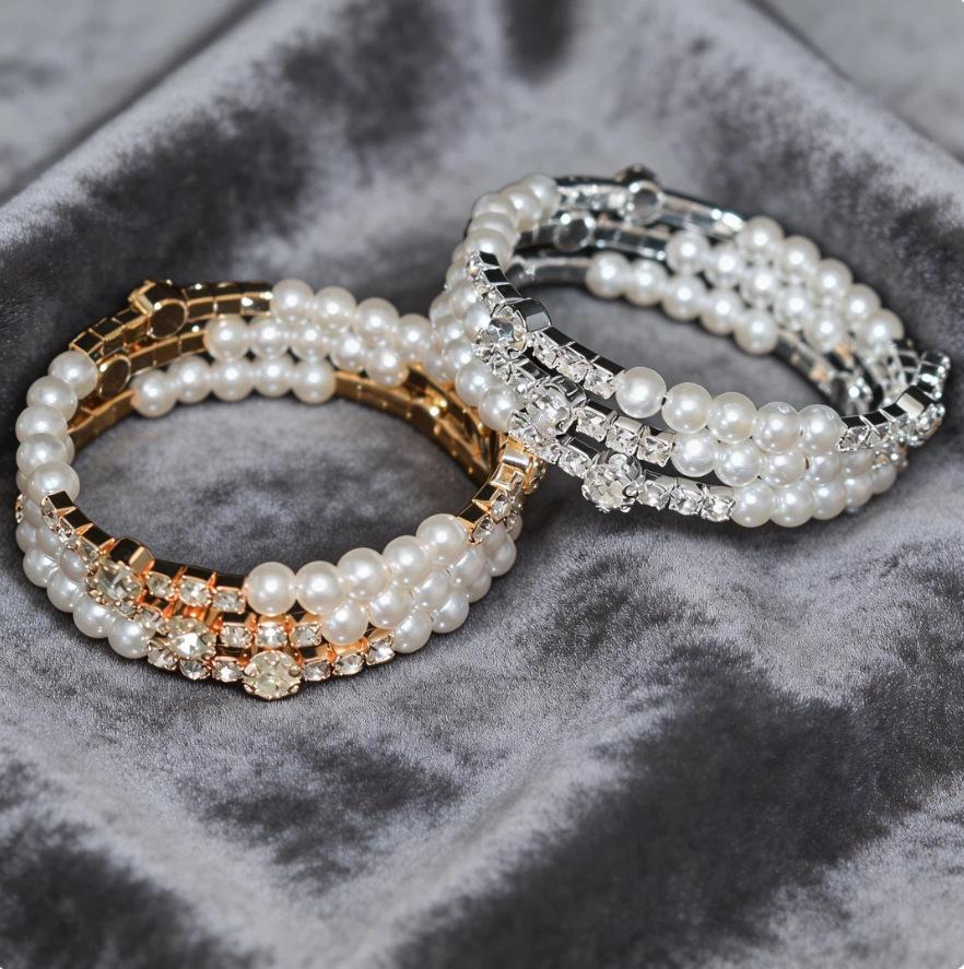 Cross-Border Pearl and Rhinestone-Encrusted Elastic Open Bracelet for Women, Light Luxury French-Style Jewelry, Multi-Row Wrap-Around Options Available