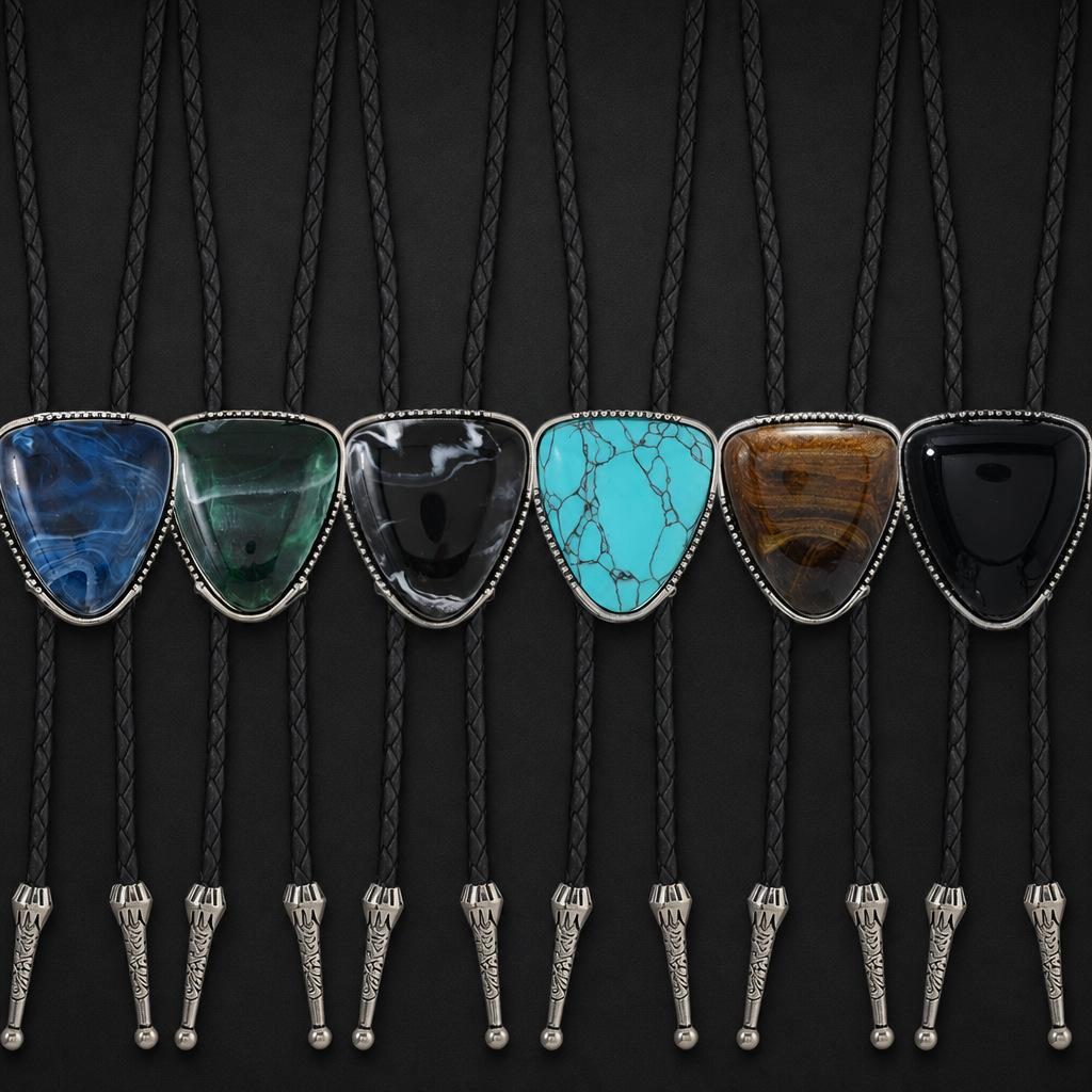 Colorful Gemstone Bolo Tie Necklace Western Cowboy Retro Alloy Leather Pendant Men's Bolo Tie Wholesale