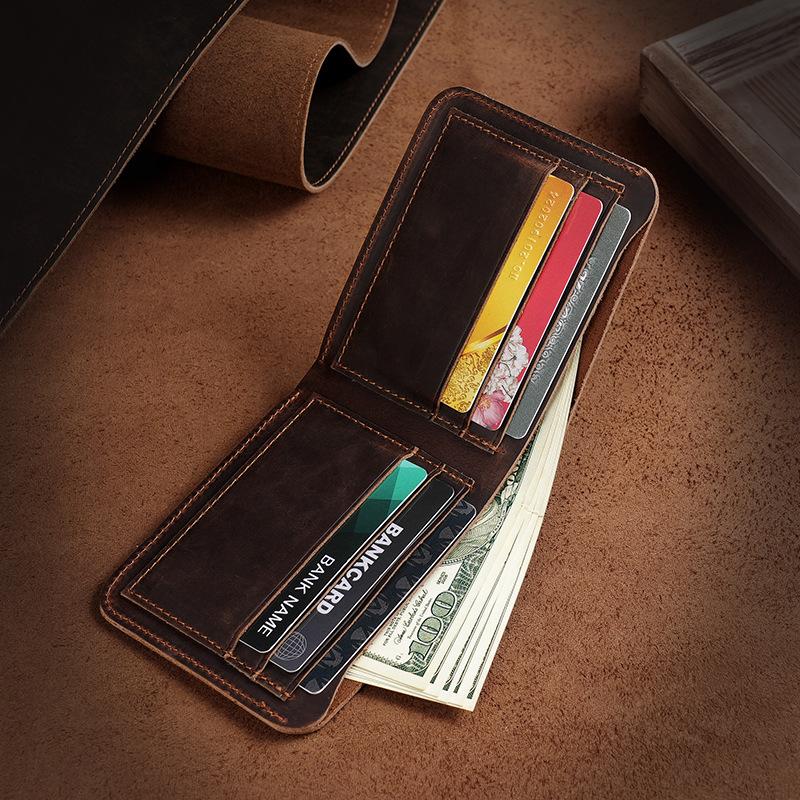 Cross-Border Crazy Horse Leather Men's Wallet Inside and Outside Genuine Leather European and American Style Dollar Clip Short First Layer Cowhide Wallet for Men