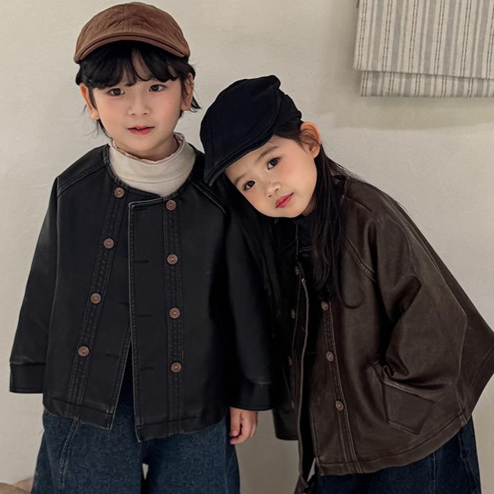 Jiaye Children's Products 2026 Children's Autumn Washed Leather Jacket for Boys and Girls, Forest Style Retro Coat, Biker Jacket
