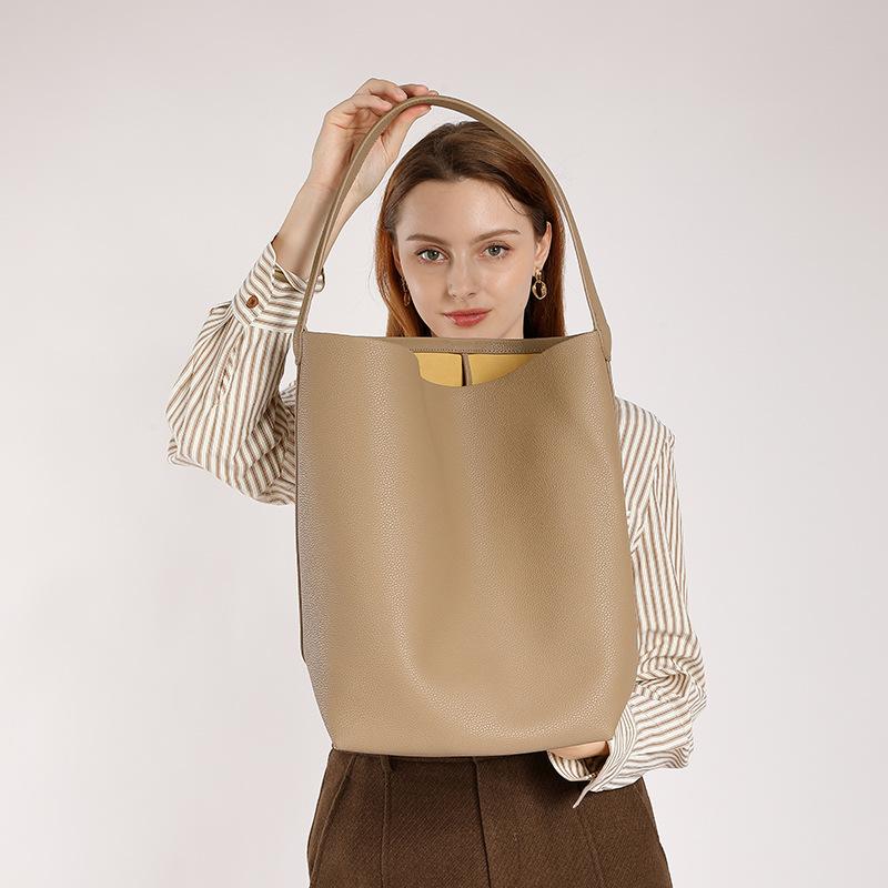 Customized Cowhide Tote Bag for Women, New Style, Large Capacity Shoulder Shopping Bag, Casual Lazy Style Underarm Commuting Bucket Bag