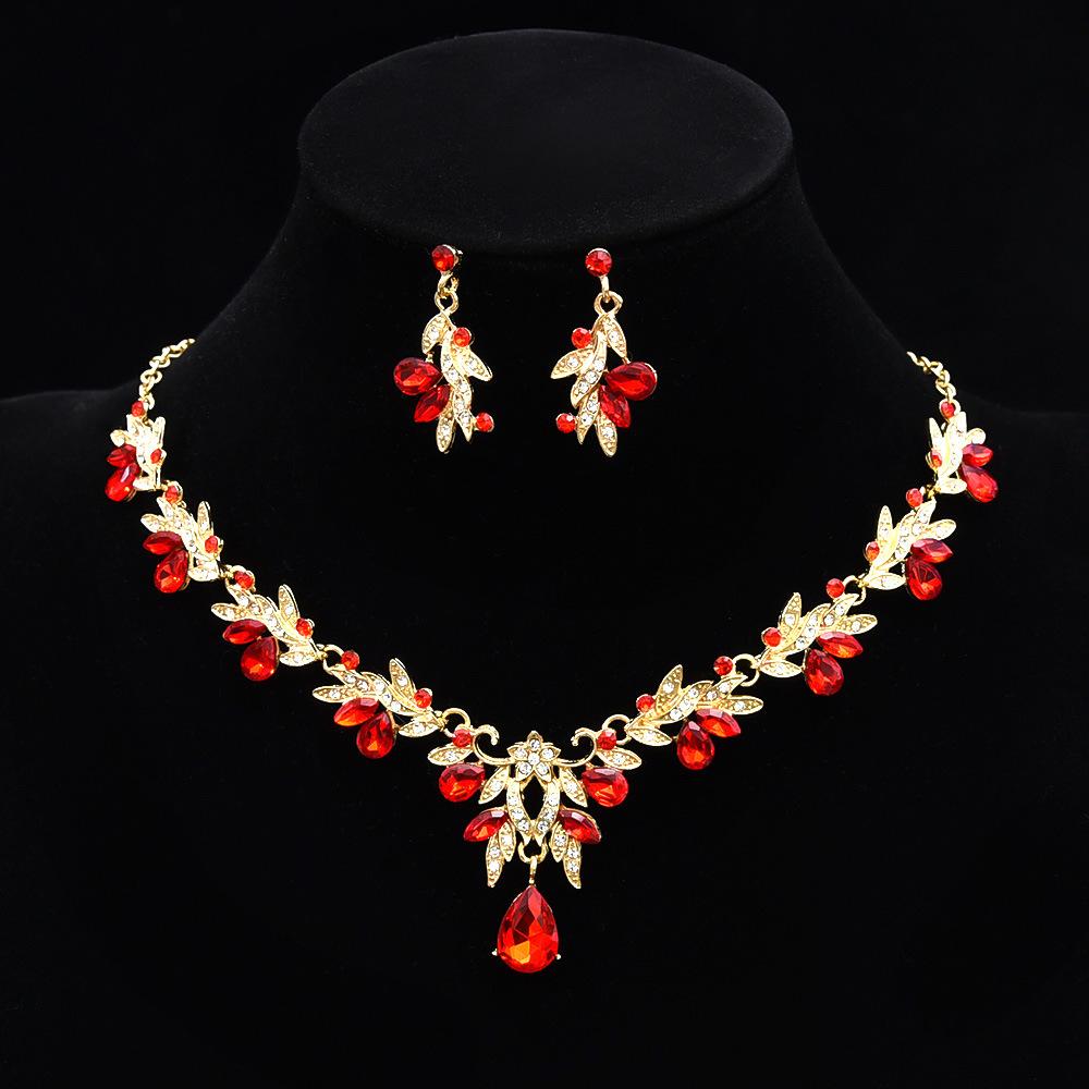 Cross-Border New Style Leaf-Shaped Zircon Necklace and Earrings Two-Piece Jewelry Set Bridal Dress Accessories Wholesale Crystal