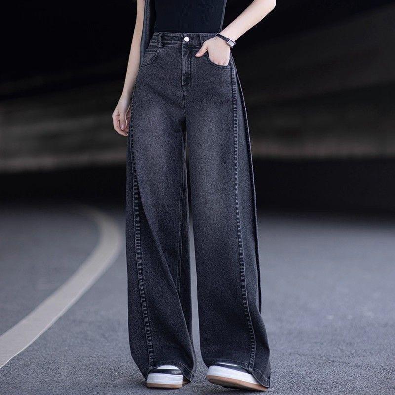 2025 Autumn and Winter New Style Fleece-Lined Thickened Denim Women's Pants, Slimming and Height-Enhancing, Covering the Body, Straight High-Waisted Loose Wide-Leg Pants
