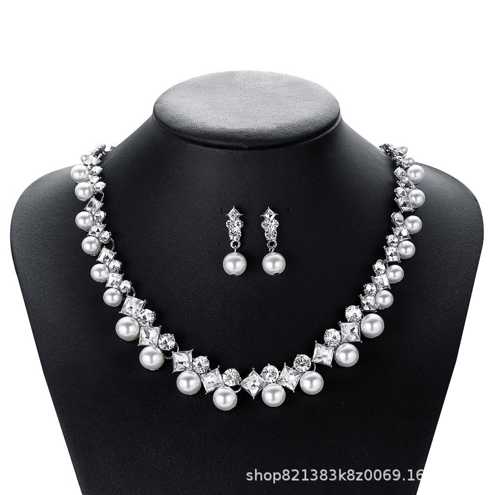 European and American Southeast Asian foreign trade cross-border pearl gem necklace earrings suit bridal wedding dress jewelry manufacturer