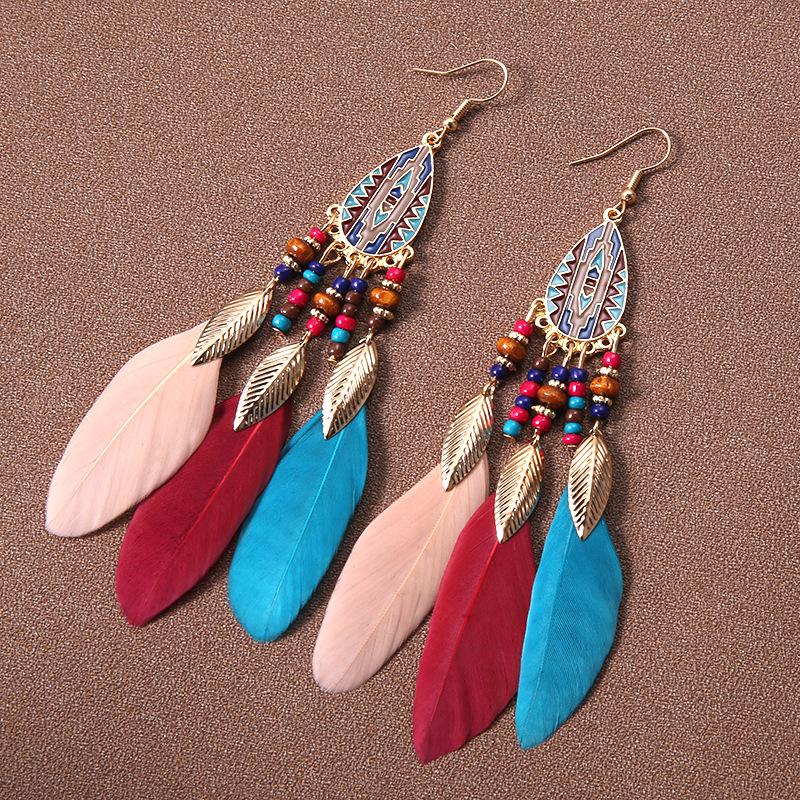 Water Drop Tassel Feather Earrings Women's Long Bohemian Rice Beads European and American Earrings Ethnic Style Tourism Vacation Accessories