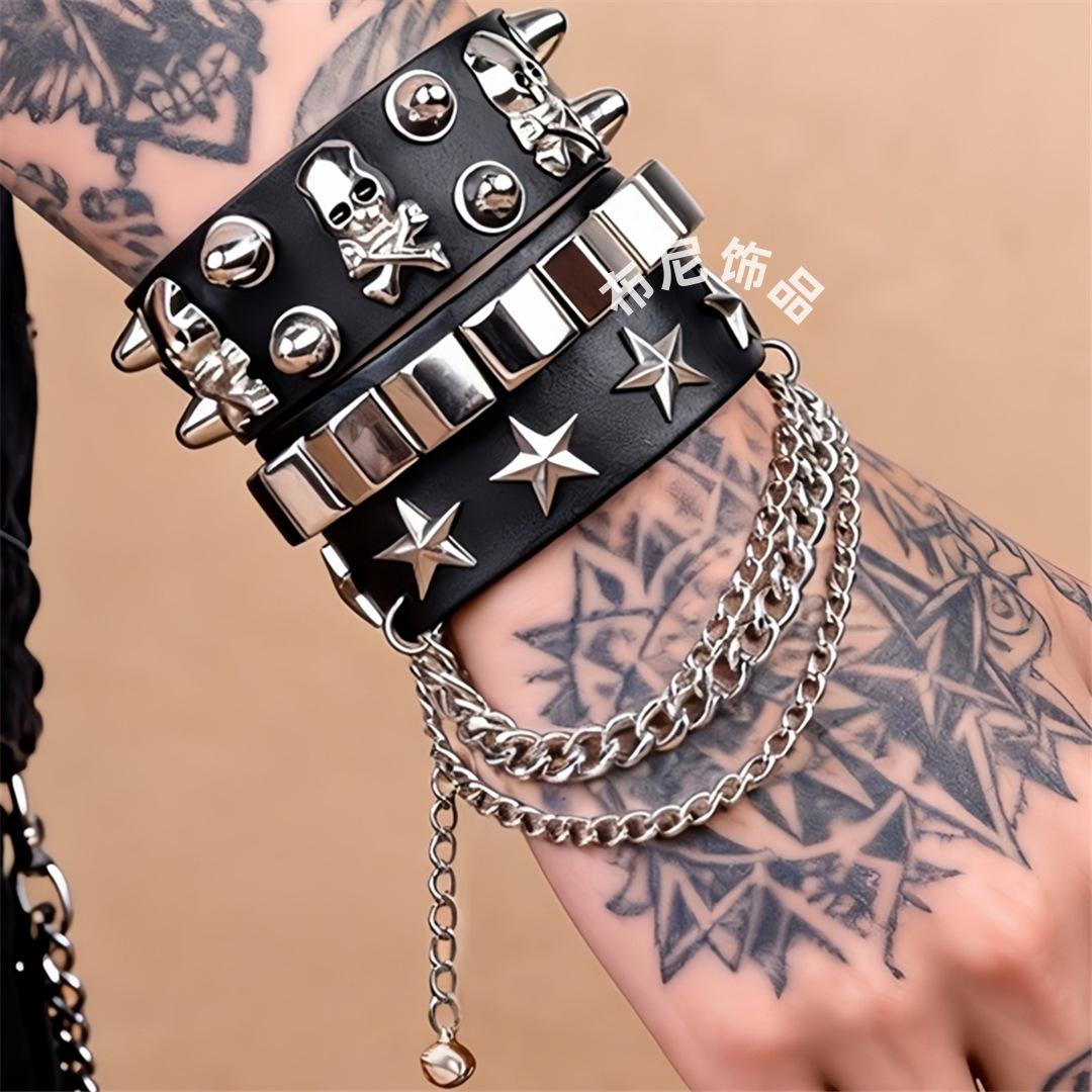 Eco-Friendly Pu Leather Cross-Border European and American Fashion Multi-Layer Wide Bracelet with Bold Skull, Pentagram, and Rivet Punk Street Dance Bracelet