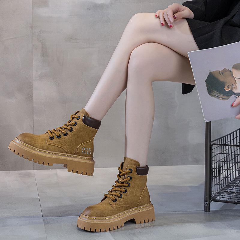 European Station Retro Color-polished Leather Martin Boots Women's 2024 Summer and Autumn New Bumblebee Platform Bottom All-match Motorcycle Boots
