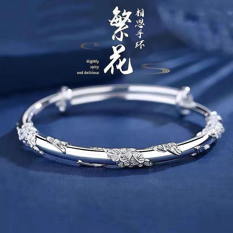 Popular Floral Pure Silver Bracelet for Women, Simple and Fashionable, Adjustable Silver-Plated Bracelet, Silver Bangle, Wholesale from the Source Factory
