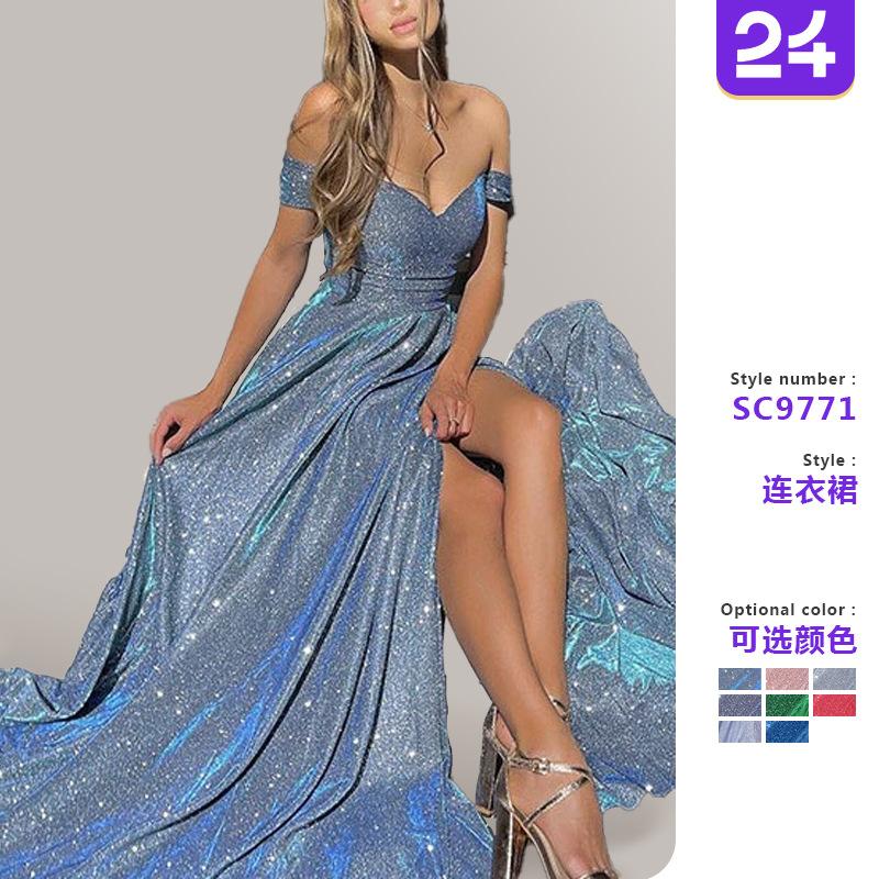 2025 Amazon European and American Banquet Dress Instagram Sequin Large Skirt Tube-length Sexy Fashion Split dress