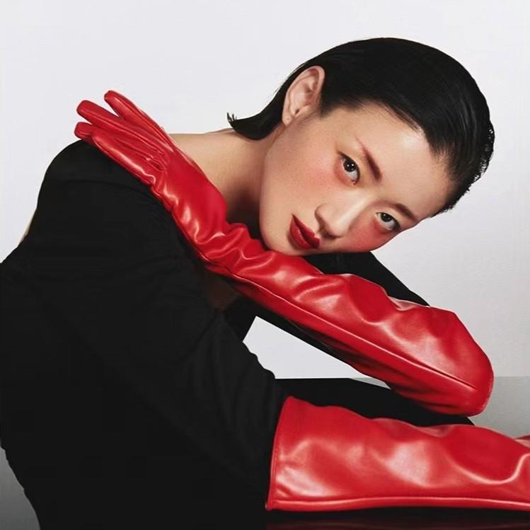 Women's Long PU Leather Gloves 50cm Imitation Leather Tight Long Barrel Stage Performance Bar T-Stage Show COS