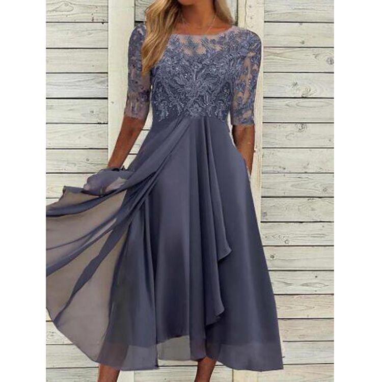 2025 European Cross-Border Amazon Dress Chiffon Splicing Lace Hollow Long Dress Bridesmaid Evening Dress Women's Clothing