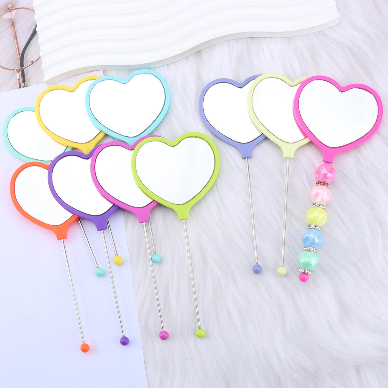 Handheld Makeup Mirror Heart-Shaped DIY Beaded Mirror Portable Single-Sided Makeup Mirror Plastic Heart Makeup Mirror Wholesale