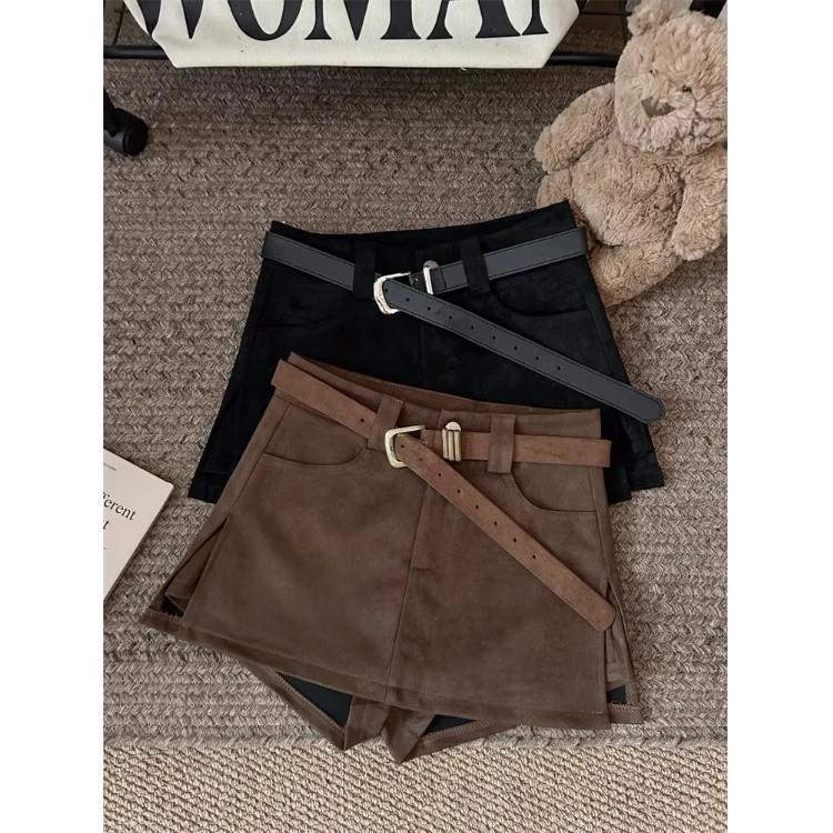 Brown Retro Sexy Deerskin Skirt Women's Autum New High-Waist Slim A-Line Skirt Anti-Exposure Short Skirt