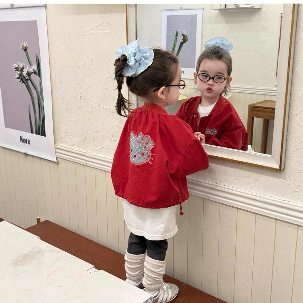 Children's Outfit 2025 Korean Style Girls' Kt Cat Embroidered Jacket Autumn Cute Coat for Baby Girls Trendy Children's Top