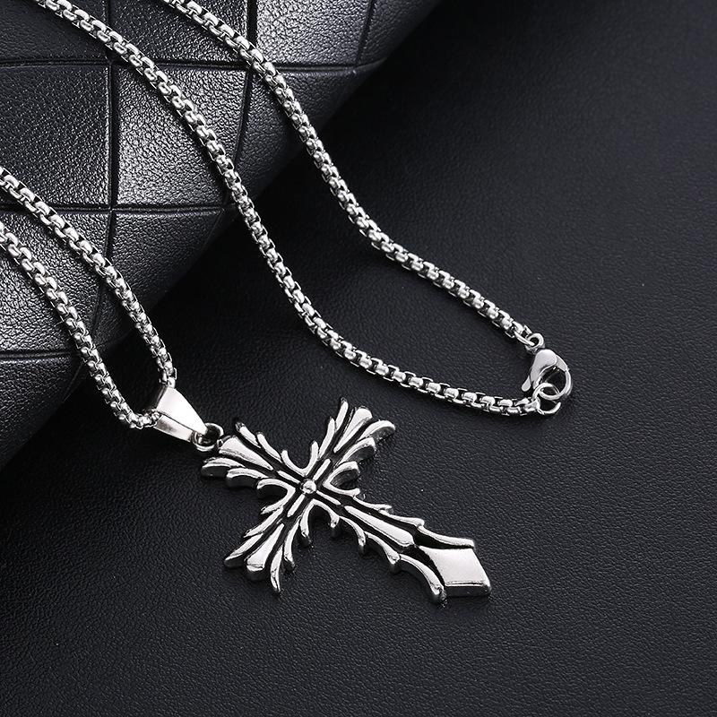 New Hot Sale Titanium Steel Hip Hop Creative Retro Style Cross Cast Leaves Pendant Titanium Steel Men and Women Long Necklace