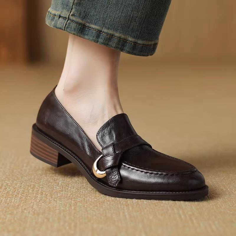 Super Soft Lambskin~Genuine Leather Mid-Heel Loafers for Women, Shallow Slip-On Shoes, British Style, Brown Leather Shoes
