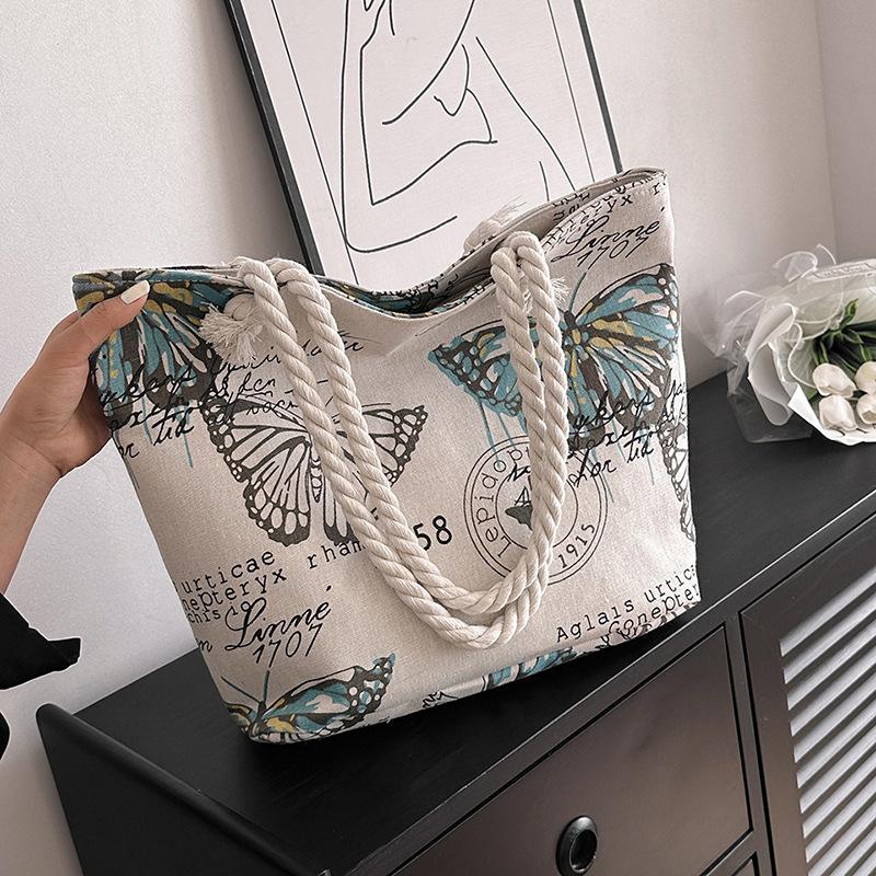 Creative Printing Shoulder Bag New Casual Fashion Canvas Women's Bag Korean Style Shoulder Crossbody Thick Rope Beach Bag