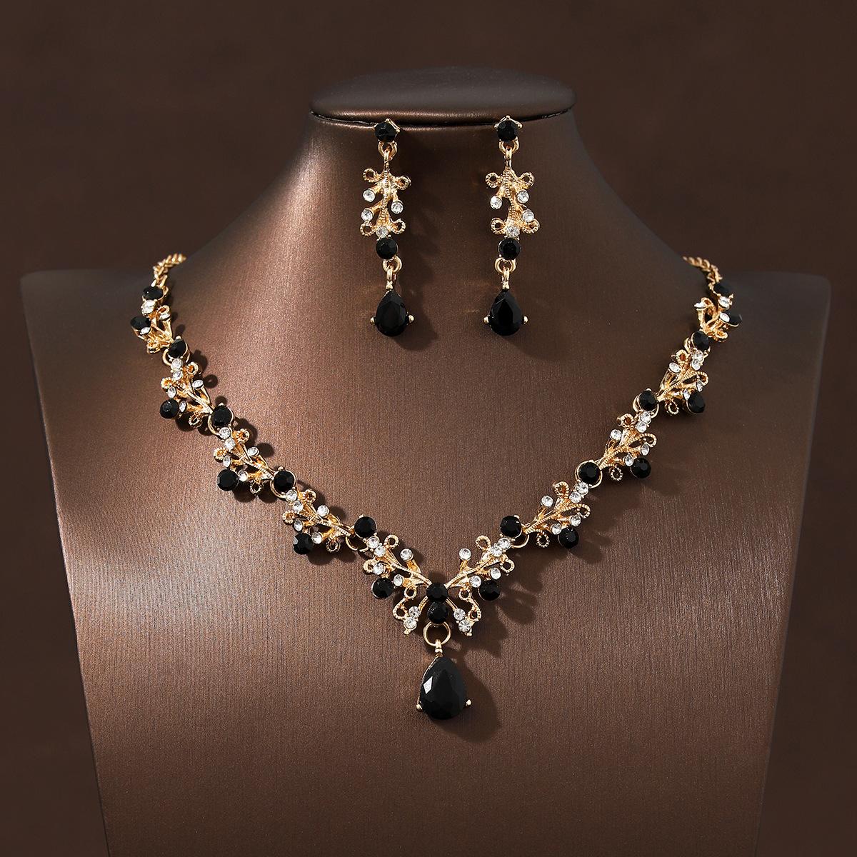 Black Super Flash Simple Retro Bridal Necklace Earrings Set Decoration Wedding Dress Accessories Dinner Banquet Jewelry