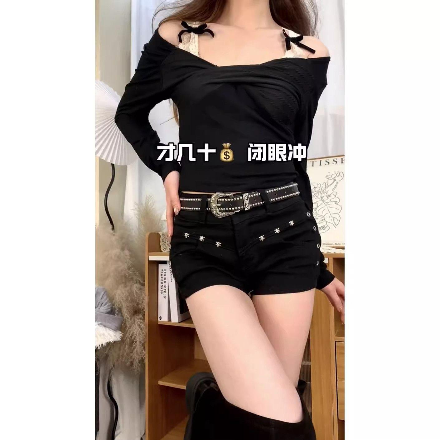 Black Rivet Sexy Shorts American Style Hot Girl Tight-Fitting Hip-Hugging Ultra-Short Denim Shorts for Women Summer High-Waisted Hot Pants for All Seasons