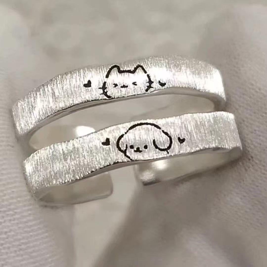 Cute Cat and Puppy Couple Rings, Niche Design Brushed Plain Band Open Ring, Student Anniversary Gift