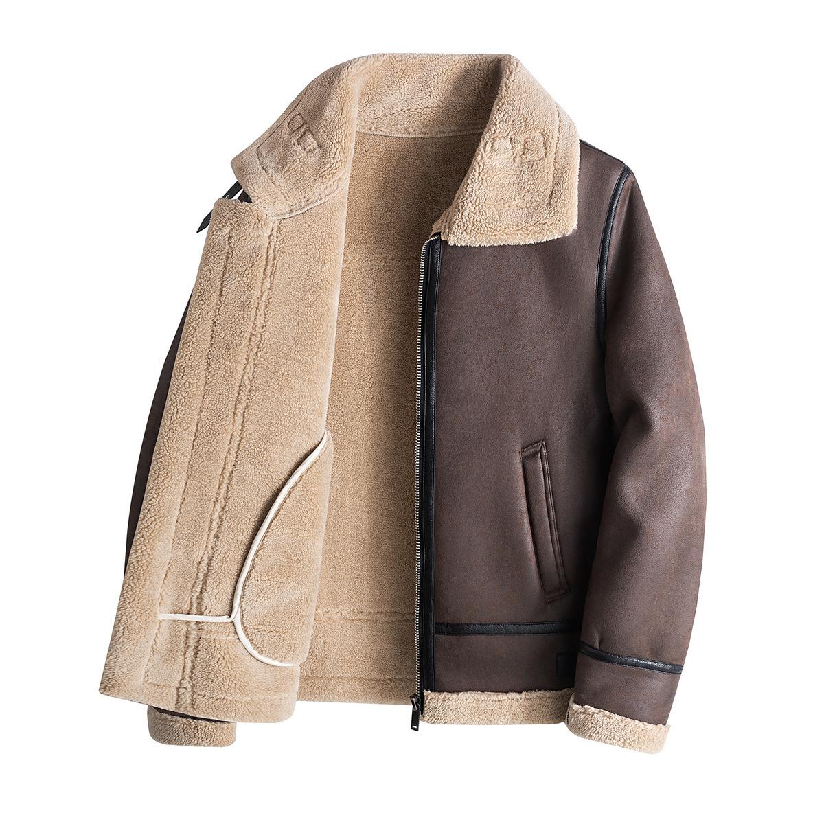 Men's Winter Shearling Jacket with Fleece Lining, Thickened Motorcycle Jacket, Trendy Casual Cotton Coat, Lamb Wool Leather Jacket