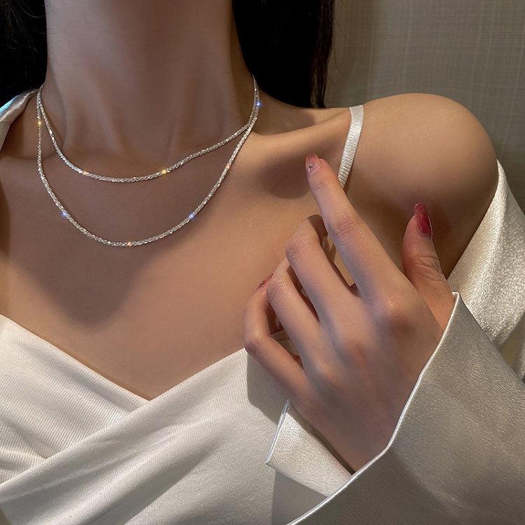 Silver Plain Chain Sparkling Starry Sky Necklace Accessories for Women, Simple and Versatile, High-End Clavicle Chain Fashion Jewelry