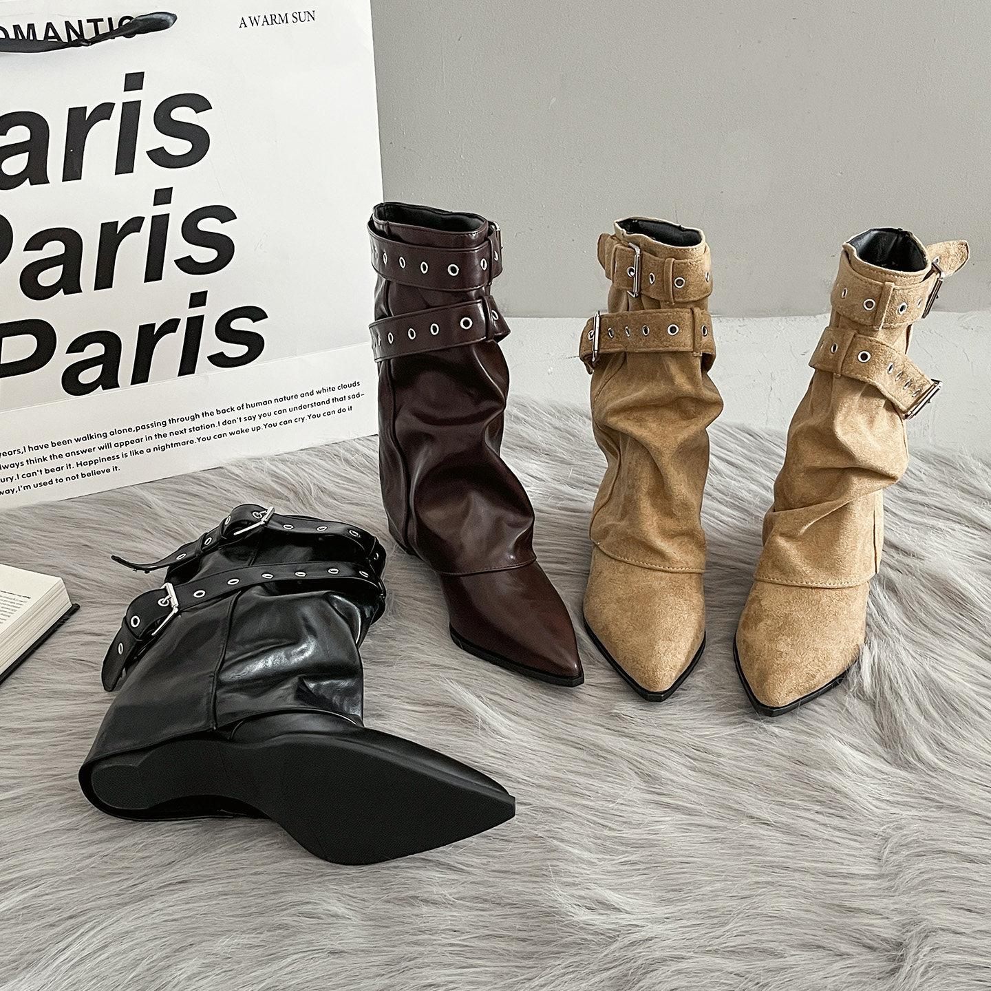 Retro Height-Increasing Wedge Heel Buckle Pointed Toe Mid-Calf Boots for Women, 2026 Autumn New Slimming Short Boots, Knight Boots