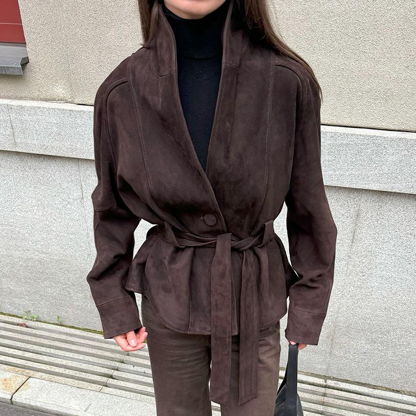 European and American Cross-Border 2025 Autumn and Winter Women's Retro Style Suede Long-Sleeve Frosted Velvet Jacket with Belt Design