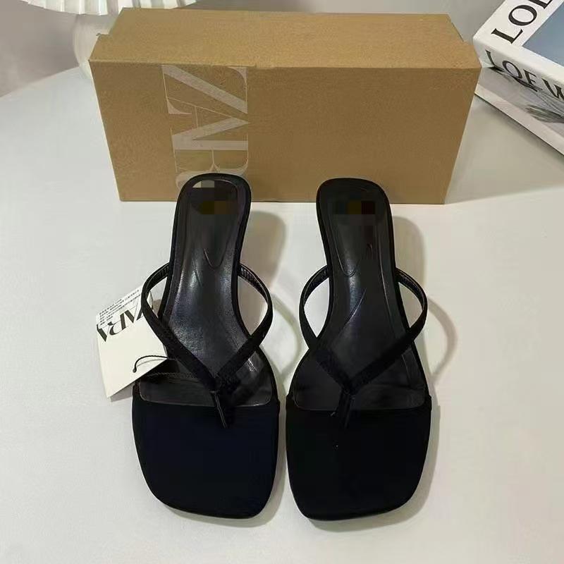 Za New Product 2025 Summer French Square Toe High-Heeled Flip-Flops Open Toe Backless Fashion Cool High-Heeled Slippers