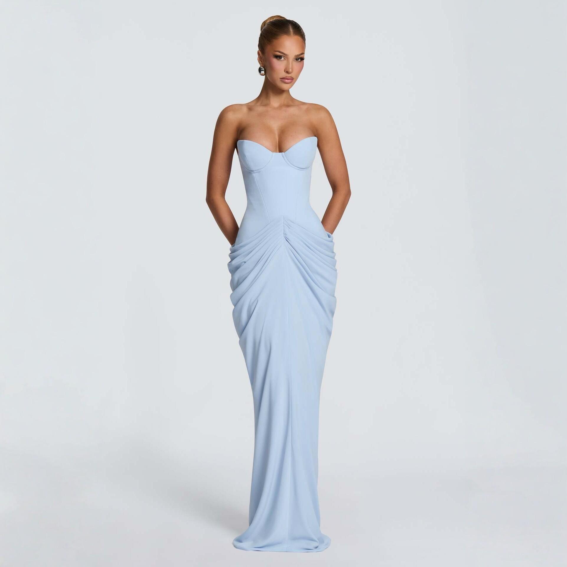 New European and American Summer Fashion Cross-Border Women's Clothing: Sexy Strapless Backless Corset Tie-Waist Ruched Bodycon Dress